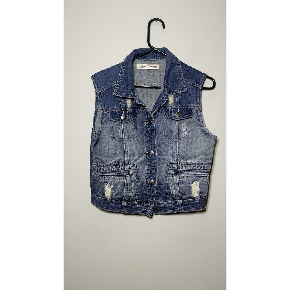 Angel Premium Womens Denim Vest Size Large L Medium Wash Distressed Jean Jacket